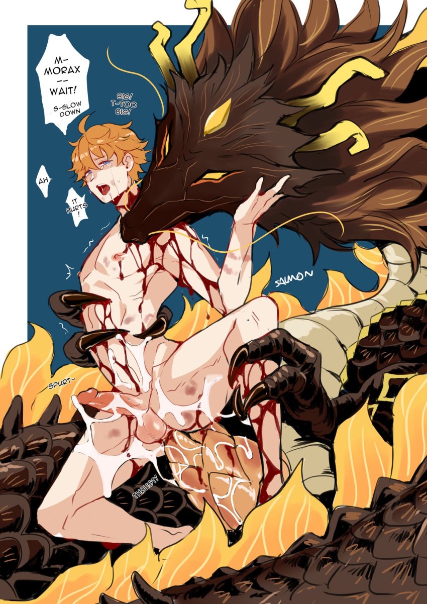 2boys anal animal_genitalia bangs biting blood blue_eyes bruise childe_(genshin_impact) claws crying crying_with_eyes_open cum cum_on_body dracophilia dragon dragon_horns drooling eastern_dragon english_text espectrophila exophilia fur gay genshin_impact gore guro hair_between_eyes hand_on_another's_head hi_res highres holding horns hybrid injury male male_focus monsterfucker monstersexual multiple_boys naked nipples nude open_mouth orange_hair penis ribs saliva scales short_hair simple_background speech_bubble sushisalmon95 tartaglia_(genshin_impact) tears teratophilia testicles trembling whiskers yellow_eyes yiff zhongli_(genshin_impact)