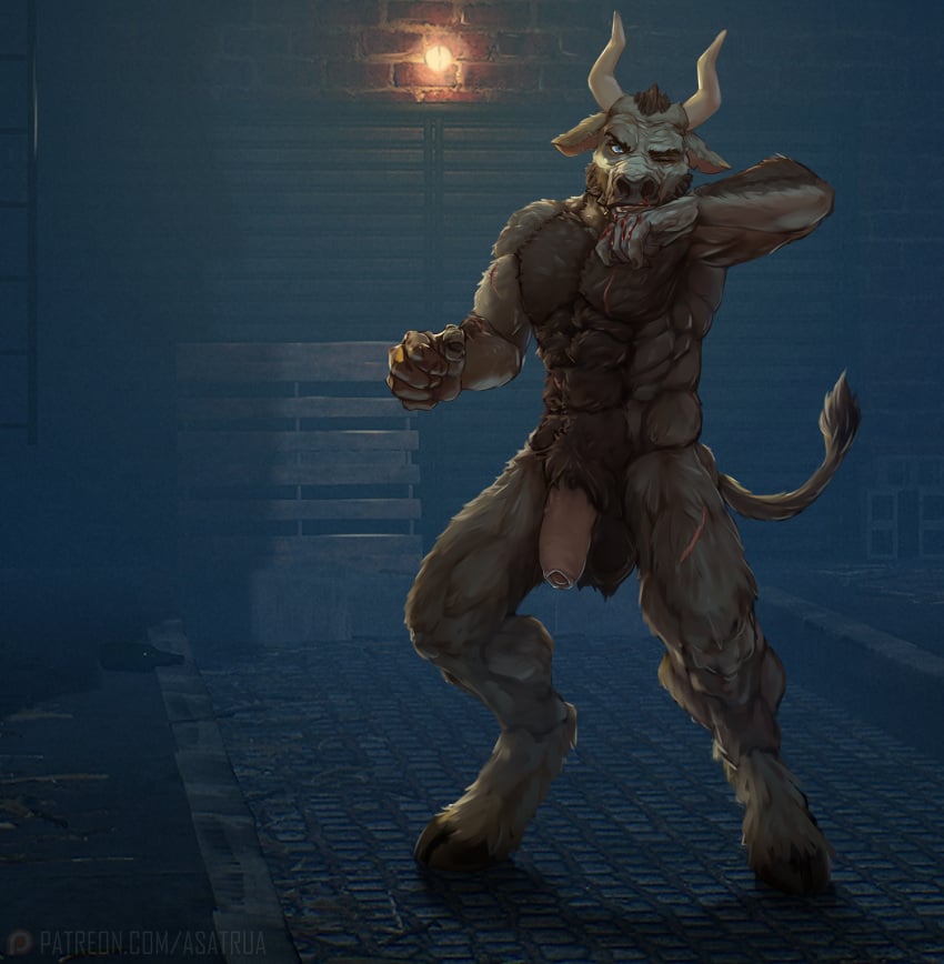 1boy alley anthro asatrua backstreet balls blood blood_on_face blue_eyes bodily_fluids body_hair bovid bovine brick brick_wall cattle chest_hair city cobblestone flaccid foreskin genitals hairy_balls hi_res hooves horn ladder male male_only mammal moonlight muscular muscular_anthro muscular_male night nosebleed outdoors penis pubes scar solo street uncut wall