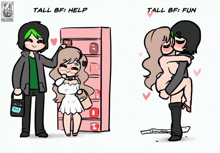 1boy 1girls animated arctic_(arcticfoxlabs) ass ass_grab closed_eyes cute female glasses haloowl high_heels hugging kissing leg_lock long_hair nude pink_hair pinkanimations queen_(someone750) romantic sex short shortstack stand_and_carry_position standing standing_sex wholesome