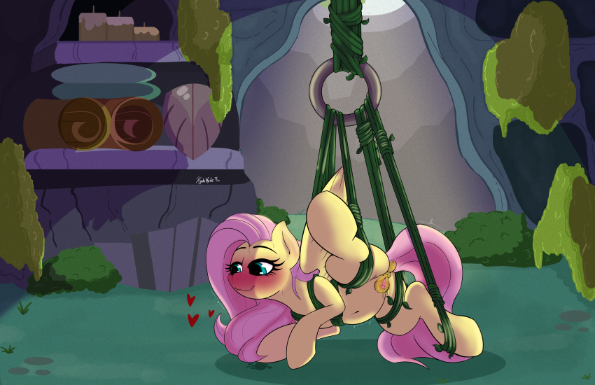 absurd_res blush bodily_fluids bondage bondage bound equid equine female feral fluttershy_(mlp) friendship_is_magic genital_fluids genitals heart hi_res mammal my_little_pony pegasus pussy pussy_juice raised_leg rhk smile solo suspension wings