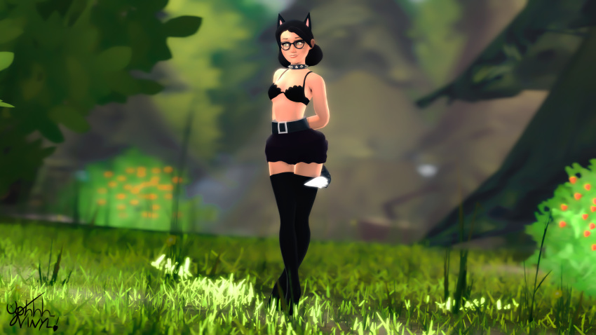 1girls 3d belt boots breasts cat_ears cat_tail clothes collar dark_hair female forest glasses grass high_heels miss_pauling pale partially_clothed skinny skirt smile solo source_filmmaker team_fortress_2 thick_thighs trees ughhh..._vinyl! wide_hips