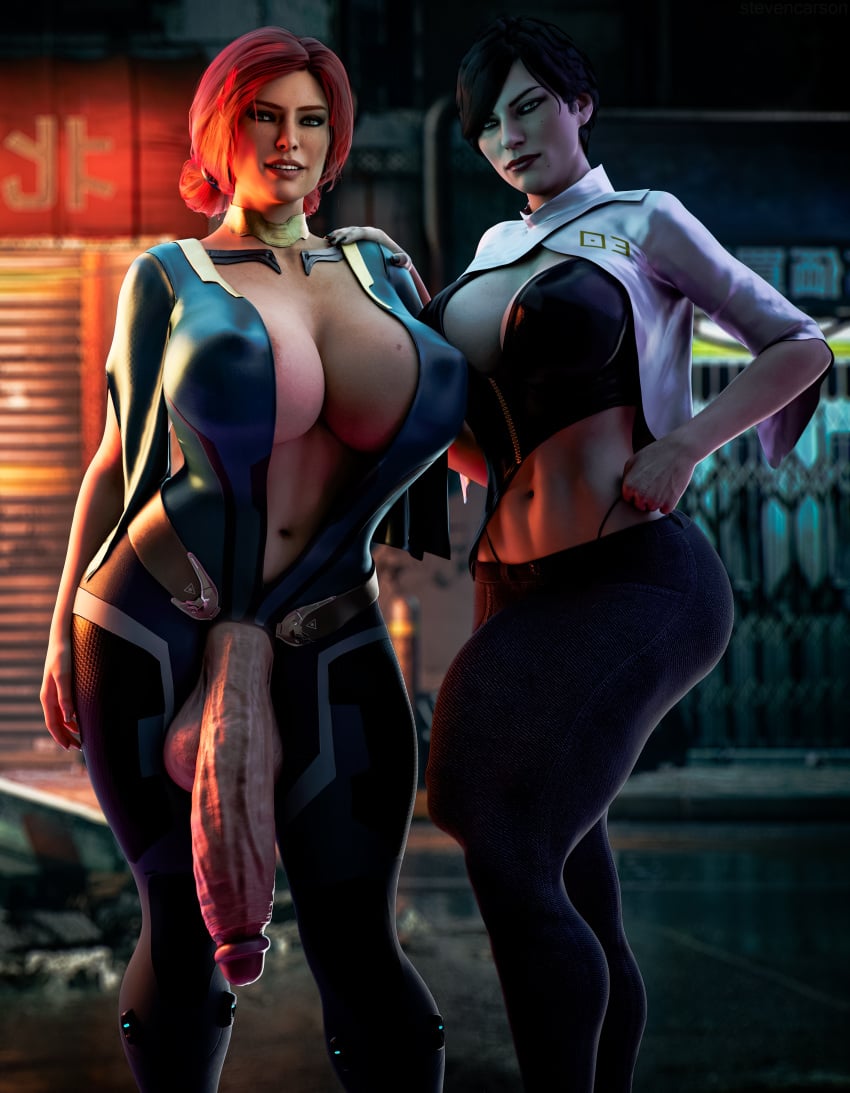 2futas 3d absurdres areolae ball_bulge balls balls_under_clothes breasts bulge_down_leg cameltail casual_exposure casual_nudity cd_projekt_red cleavage crotchless curvy erect_nipples flaccid fringilla_vigo futa_only futa_sans_pussy futa_with_futa futanari hand_on_hip highres huge_balls huge_breasts huge_cock hyper hyper_penis looking_at_viewer nipple_bulge nipples penis penis_bulge penis_out penis_to_the_knees penis_under_clothes realistic standing stevencarson the_witcher the_witcher_(series) the_witcher_2 the_witcher_3:_wild_hunt triss_merigold wide_hips