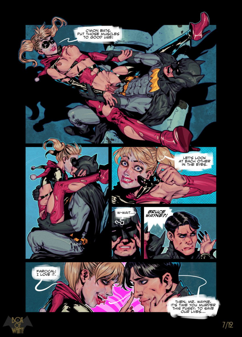 1boy 1girls ankle_boots areolae batman batman_(series) batquinn big_penis black_hair blonde_hair blue_eyes boots bouncing_breasts boxofwant breasts bruce_wayne comic comic_page couch couch_sex dc dc_comics domino_mask english_text harley_quinn harley_quinn_(classic) high_heel_boots holding_arms kissing kissing_while_penetrated legs_up light-skinned_male light_skin lipstick makeup makeup_running mask nipples page_7 page_number penis pigtails pussy sex sitting sofa straight torn_bodysuit torn_clothes twintails unmasked vaginal_penetration villainess