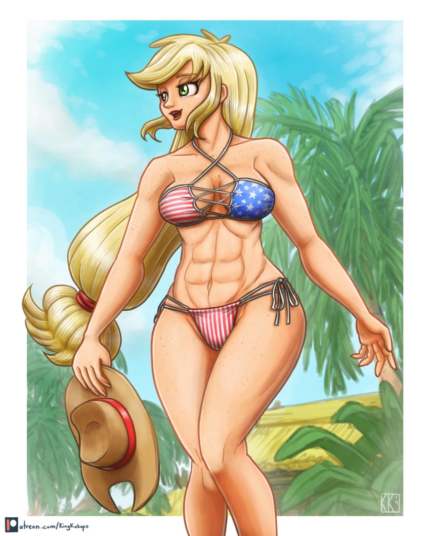 1girls abs american_flag american_flag_bikini applejack_(eg) applejack_(mlp) blonde_hair body_freckles breasts cleavage cowboy_hat equestria_girls fit fit_female friendship_is_magic green_eyes humanized king-kakapo long_hair medium_breasts my_little_pony solo solo_female straight_hair