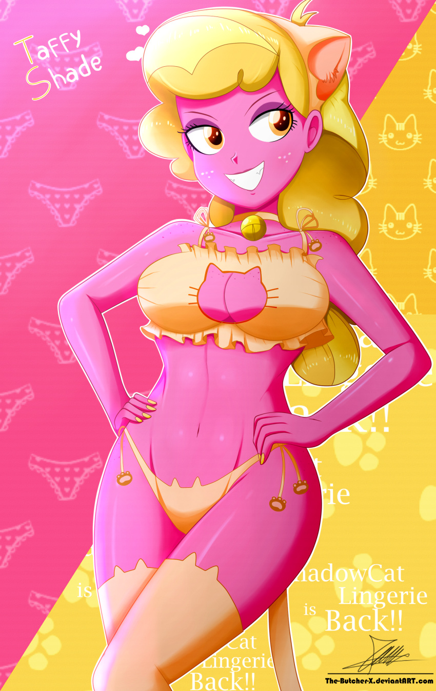 1girls animal_ears big_breasts blonde_hair bra breasts cat_bell cat_ears cat_keyhole_bra cat_lingerie cat_tail character_name cleavage cleavage_cutout colored_nails crystal_prep_academy_student curly_hair equestria_girls eyeshadow female female_only freckles friendship_games hasbro hi_res highres lingerie looking_at_viewer my_little_pony navel orange_eyes panties pink_skin side-tie_panties signature smile solo solo_female stockings taffy_shade_(eg) teeth the-butch-x thighhighs thighs underwear