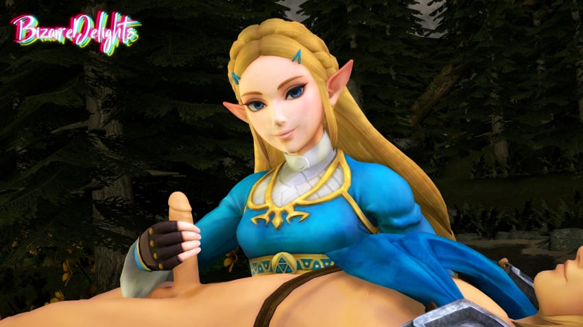 1boy 1girls 3d 3d_(artwork) bizarredelights blonde_hair blue_eyes breath_of_the_wild clothed_female faceless_male female forest handjob hyrule_warriors link link_(hyrule_warriors) nintendo outdoors outside princess_zelda source_filmmaker the_legend_of_zelda zelda_(breath_of_the_wild)