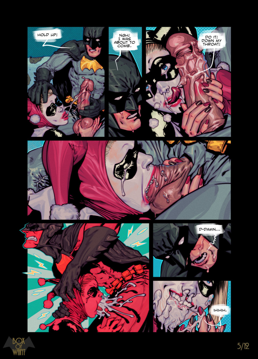 1boy 1girls batman batman_(series) batquinn big_penis blonde_hair blowjob blue_eyes boxofwant bruce_wayne comic_page cum cum_in_mouth dc_comics domino_mask english_text fellatio harley_quinn harley_quinn_(classic) jester_cap light-skinned_male light_skin lipstick lipstick_on_penis makeup makeup_running oral page_5 page_number penis saliva saliva_trail superhero supervillain tears