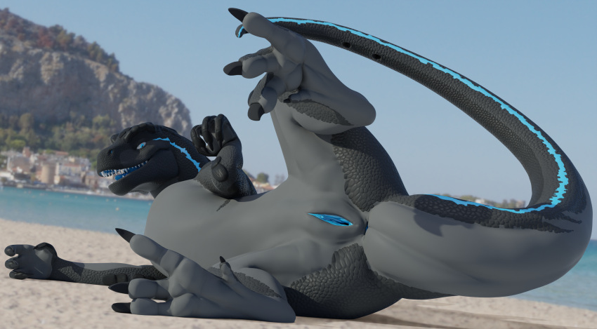 3d anus beach blender_(software) dinosaur female feral genitals hi_res lying pawpads pussy reptile reptilligator sand scalie seaside seductive smile solo ziina