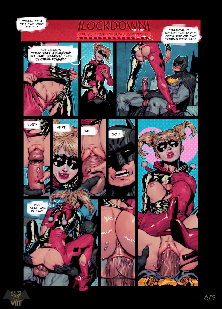 1boy 1girls ankle_boots anus areola ass batman batman_(series) batquinn big_penis blonde_hair bodysuit boots boxofwant breast comic comic_page couch couch_sex dc dc_comics dialogue domino_mask english_text female_on_top grabbing_own_breast hands_on_ass harley_quinn harley_quinn_(classic) high_heel_boots light-skinned_male light_skin makeup makeup_running nipples page_6 page_number penetration penis pussy ripped_bodysuit ripped_clothing ripping_bodysuit ripping_clothing speech_bubble supervillain text twintails vaginal_penetration