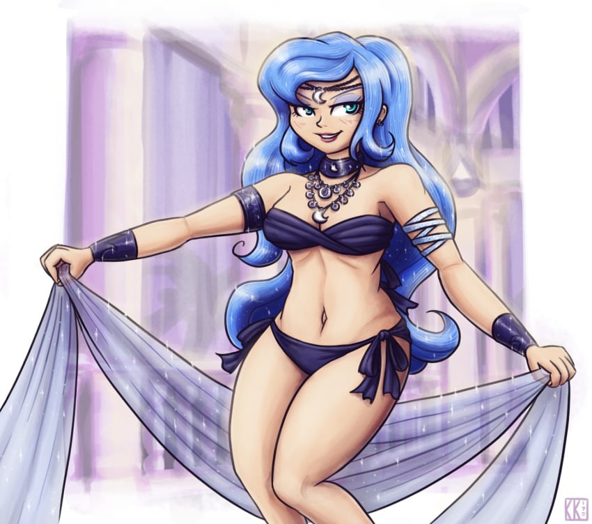 1girls belly belly_dancer belly_dancer_outfit blue_hair bracelet dancer dancer_outfit female friendship_is_magic harem_girl harem_outfit humanized jewelry king-kakapo long_hair looking_at_viewer medium_breasts my_little_pony necklace princess_luna_(mlp) royalty veil voluptuous