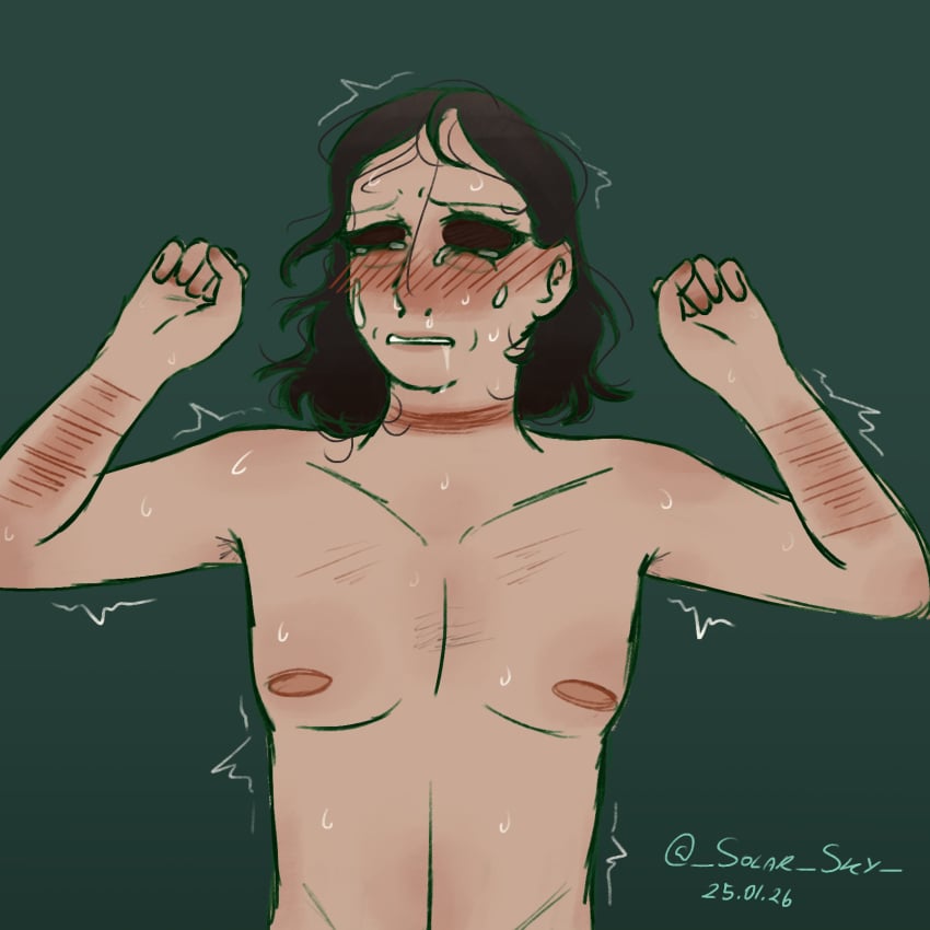 2026 _solar_sky_ black_hair blinded_man_(no,_i'm_not_a_human) blush crying digital_media_(artwork) drooling fair-skinned_male fair_skin forced implied_rape implied_sex male_only messy messy_hair neck_scar no,_i'm_not_a_human no_eyes pain pink_nipples rape self_harm_scars simple_background sketch skinny snot sweat sweatdrop tears tremble_spikes trembling