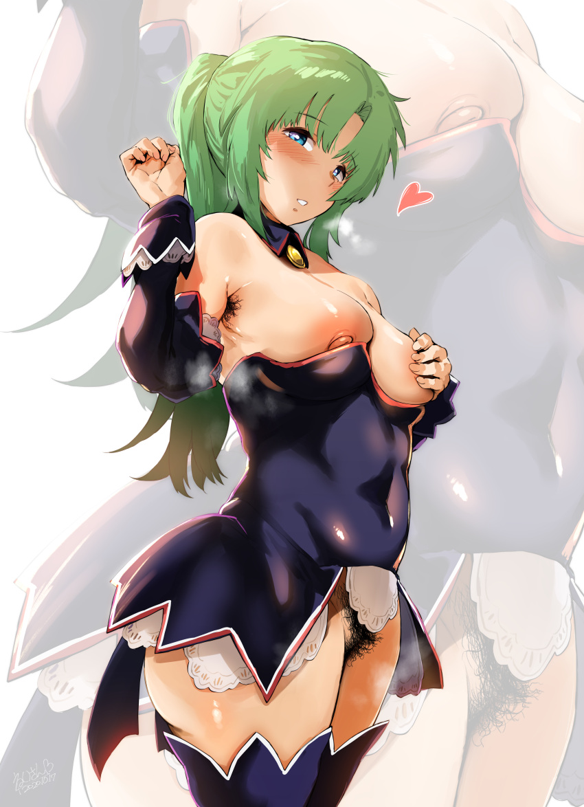 07th_expansion 1girls 2020 absurdres angel_mort_uniform armpit_hair artist_name artist_signature blue_eyes blush breast_hold breasts clothed female female_focus female_only female_pubic_hair green_hair hero_neisan high_resolution highres higurashi_no_naku_koro_ni looking_at_viewer mion_sonozaki nipples no_bra no_panties nopan ponytail pubic_hair signature steam steaming_body thighhighs waitress