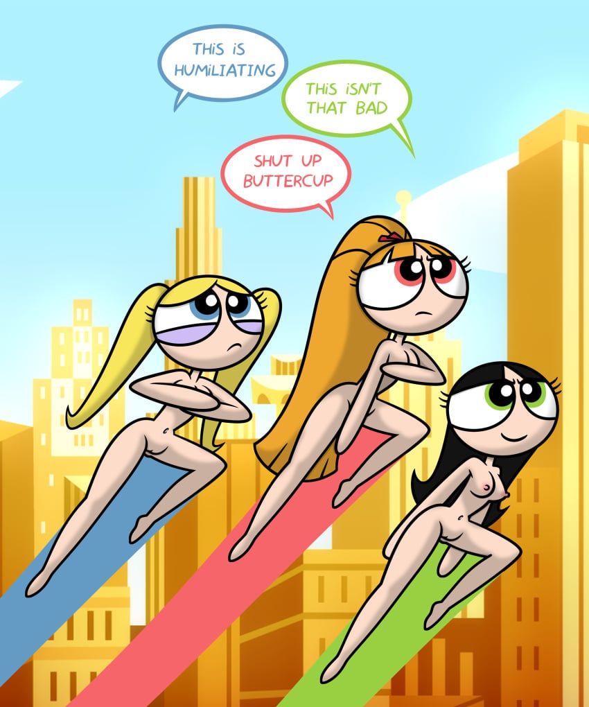 3girls aged_up black_hair blonde_hair blossom_(powerpuff_girls) blue_eyes breasts bubbles_(powerpuff_girls) busty buttercup_(powerpuff_girls) cartoon_network casual completely_nude completely_nude_female covering_breasts covering_crotch edit embarrassed embarrassed_nude_female enf exhibitionism female female_focus flying green_eyes hourglass_figure human long_hair multiple_girls navel nude nude_female nudity pale_skin pink_eyes pinup pinup_pose ponytail pose posing powerpuff_girls public red_hair risenhentaidemon sex speech_bubble streaking tagme teenager toonami twintails wide_hips xierra099