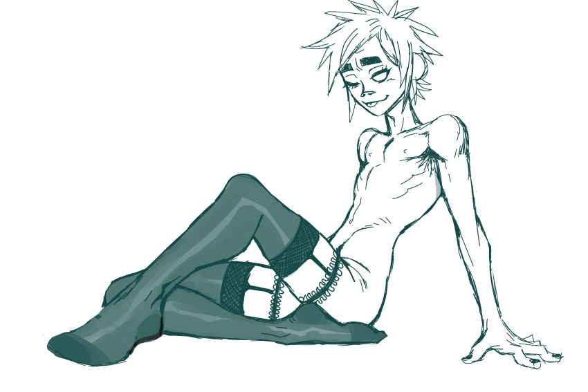 2d_(gorillaz) ;p crossdressing gorillaz lingerie looking_at_viewer male_only pose posing ren_valentine side_view solo stockings thighhighs