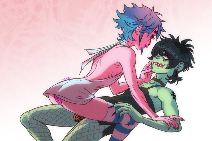 2boys 2d_(gorillaz) 2doc blue_hair crossdressing fishnets gay gorillaz male_only men murdoc_niccals ren_valentine striped_legwear yaoi