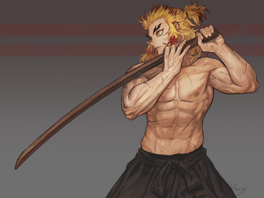 1boy 1male blonde_hair demon_slayer hakama kimetsu_no_yaiba male male_only morry_evans muscular muscular_male painting_(artwork) realistic rengoku_kyoujurou scars solo sweat sword thick_eyebrows tied_hair topless two_tone_hair