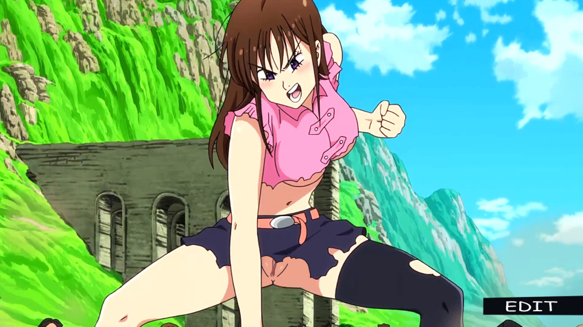 angry belly belt breasts brown_hair crop_top diane_(nanatsu_no_taizai) edit giantess long_hair nanatsu_no_taizai nude_filter open_mouth purple_hair pussy skirt the_seven_deadly_sins underboob waitress_uniform