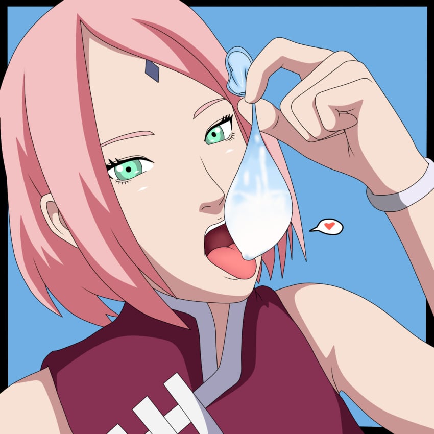 1girls after_sex boruto:_naruto_next_generations bracelet clothing condom condom_balloon condom_filling dress facial_mark female female_only forehead_mark green_eyes holding_object licking licking_condom licking_cum looking_at_viewer naruto naruto_(series) pink_hair rantuahelax sakura_haruno solo tongue tongue_out upper_body used_condom