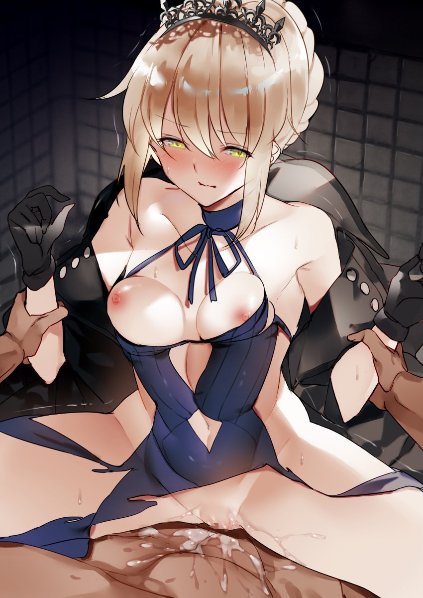 artoria_pendragon artoria_pendragon_alter_(fate/grand_order) breasts censored cum fate/grand_order fate_(series) ken_(coffee_michikusa) nipples no_bra nopan one-piece_swimsuit saber_alter sex swimsuit torn_clothes wardrobe_malfunction