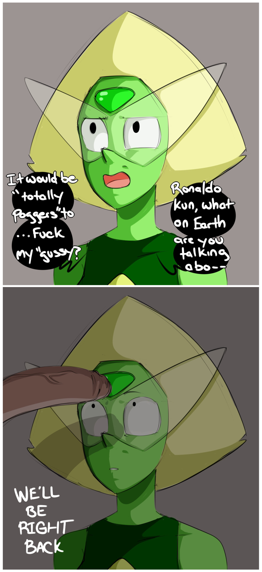 1boy 1girls 2020 blonde_hair clothing dialogue dubious_consent female gem gem_(species) gem_fuck gem_penetration glasses green_skin grey_background human imminent_sex inuyuru male open_mouth penis peridot_(steven_universe) ronaldo_fryman shocked short_hair steven_universe straight text unseen_male_face white_skin