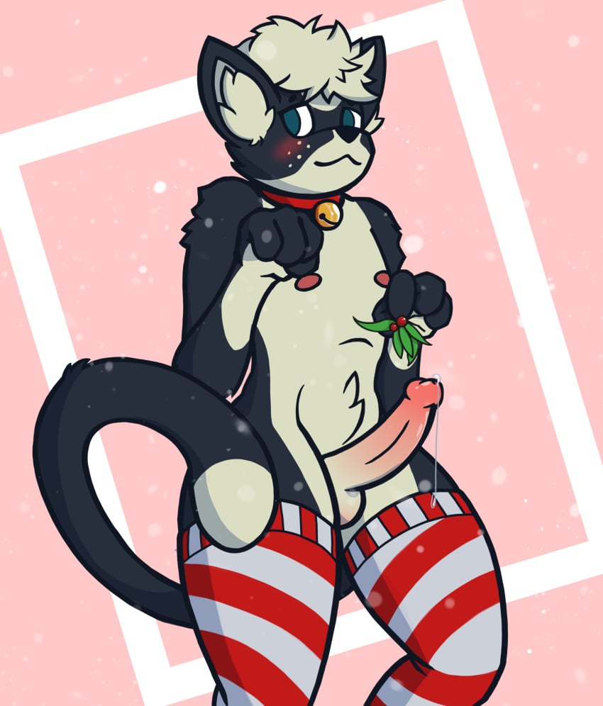 absurd_res anthro bell bell_collar blush bodily_fluids christmas clothing collar domestic_cat embarrassed erection felid feline felis femboy furry_only genital_fluids genitals hi_res holding_object holidays legwear male mammal mistletoe penis plant precum precum_drip snow solo thigh_highs tinysmallman