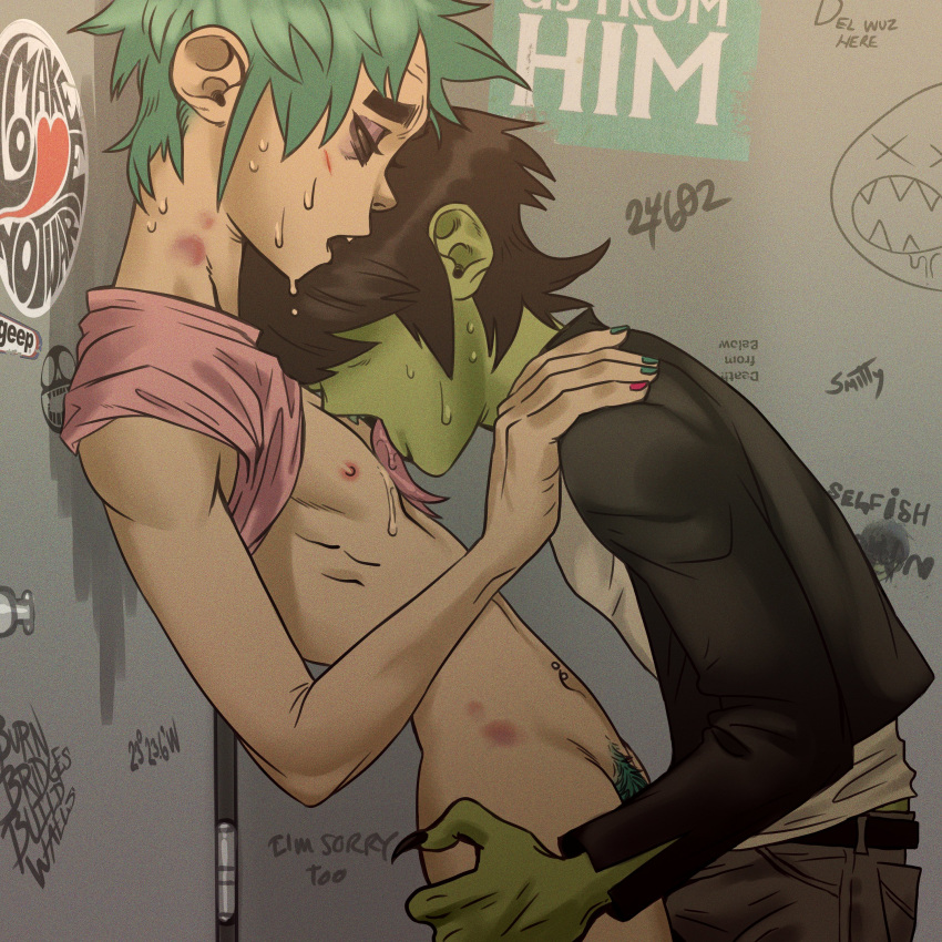 2boys 2d_(gorillaz) bathroom_stall blue_hair bruise gay gorillaz licking male_only men murdoc_niccals ren_valentine sweat yaoi