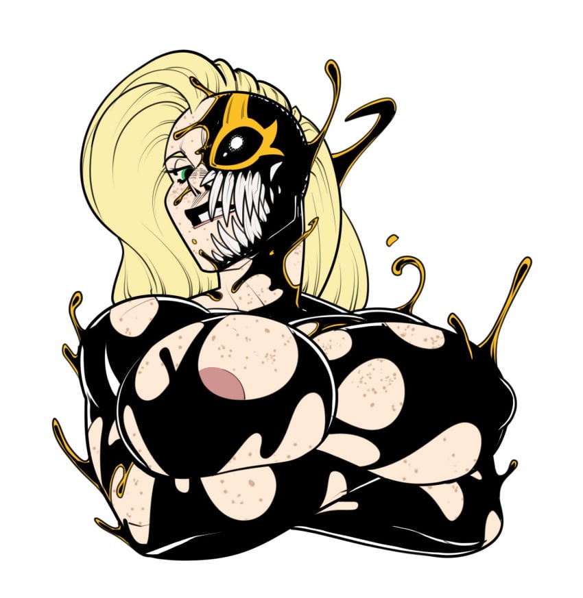 1girls arms_under_breasts big_breasts blonde_hair breasts exposed_nipples fangs female freckles freckles_on_breasts groove1121 hailey_(symbiobro) huge_breasts looking_at_viewer looking_down looking_down_at_viewer marvel original_character seductive sharp_teeth she-venom solo symbiote tagme teeth vex_(symbiobro)