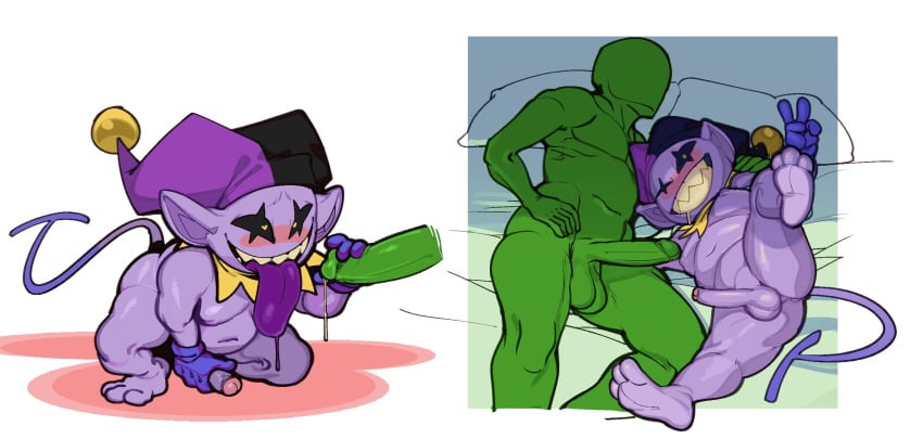 2boys anon blush blushing deltarune faceless_male gay green_body green_penis green_testicles jevil_(deltarune) laying_on_bed lying_on_bed male male/male male_only masturbating_during_fellatio masturbation penis purple_body purple_penis purple_skin shortstack smile smiling submarine_screw testicles tongue v_sign yaoi