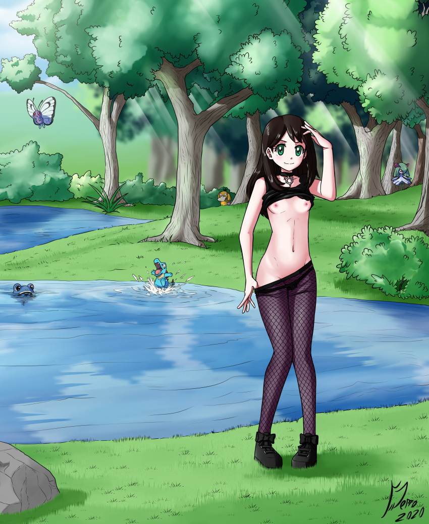 1girls 2020 absurd_res anonymous_artist black_hair breasts butterfree clothed clothing detailed_background english_text female fishnets footwear forest gloria_(pokemon) grass green_eyes hair hi_res human kirlia mammal net nintendo pinup plant pokémon_(species) pokemon pokemon_(species) pokemon_ss poliwhirl pose psyduck pulling_clothing rock sea small_breasts smile socks solo text totodile tree video_games water watermark wings