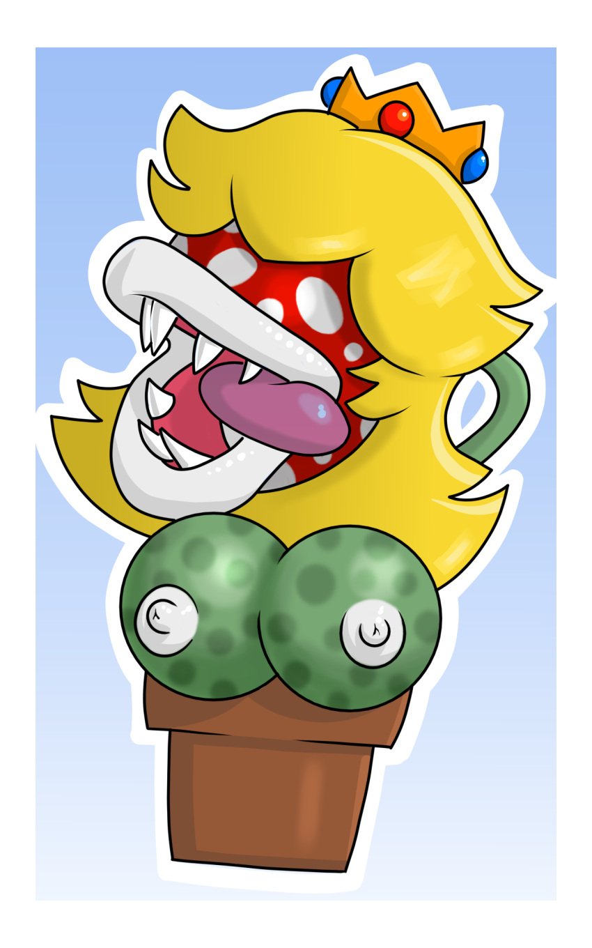 1girls anthro areolae big_breasts big_tongue blonde_hair breast_freckles breasts crown evil_smile female female_only fuckplant full_body green_skin green_spots huge_lips licking_lips lips mario_(series) nintendo nipples open_mouth piranha_plant plant pot princess_peach sharp_teeth simple_background solo succ_plant suckplant super_smash_bros. teeth tongue tongue_out white_nipples white_spots yellow_hair