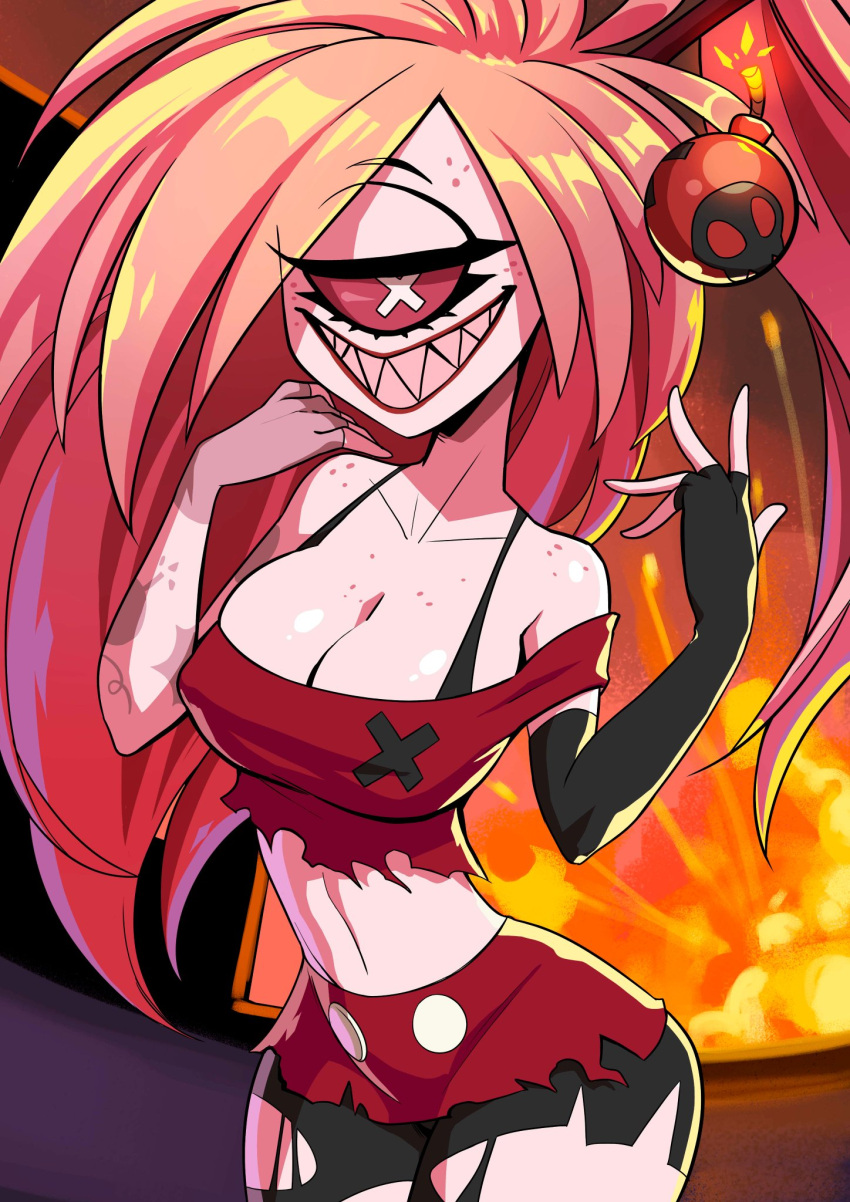 1girls ass bare_shoulders big_ass big_breasts big_hair blonde_hair blush bomb bra bra_strap breasts cherri_bomb cleavage clothed clothing crop_top cyclops demon demon_girl dirtyero_(artist) erect_nipples female female_only fingerless_gloves freckles grin half-closed_eyes hazbin_hotel large_breasts long_hair looking_at_viewer mascara midriff nipples nipples_visible_through_clothing one-eyed one_eye open_mouth pale_skin pinup red_sclera revealing_clothes seductive_look sharp_teeth skimpy smile smooth_skin solo sweat tattoo tongue torn_clothes torn_pantyhose vivienne_medrano white_skin