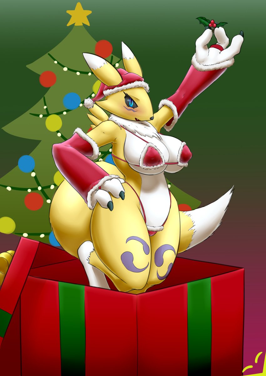 1girls anthro big_breasts bikini blue_eyes blush christmas dewstar digimon female female_only fox renamon tail thick_thighs