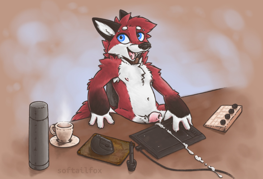 anthro armpit_hair belly beverage blue_eyes bodily_fluids body_hair canid canine chair crotch_fluff cum cum_trail desk drawing_tablet fluffy fluffy_chest fluffy_neck_fur fluffy_shoulders fluffy_tail fox fur furniture furry_only genital_fluids male male_only mammal mouse_pad neck_tuft nipples nude office_chair red_body red_fox red_fur simple_background softailfox solo tablet tea thermos tuft white_belly white_body white_fur