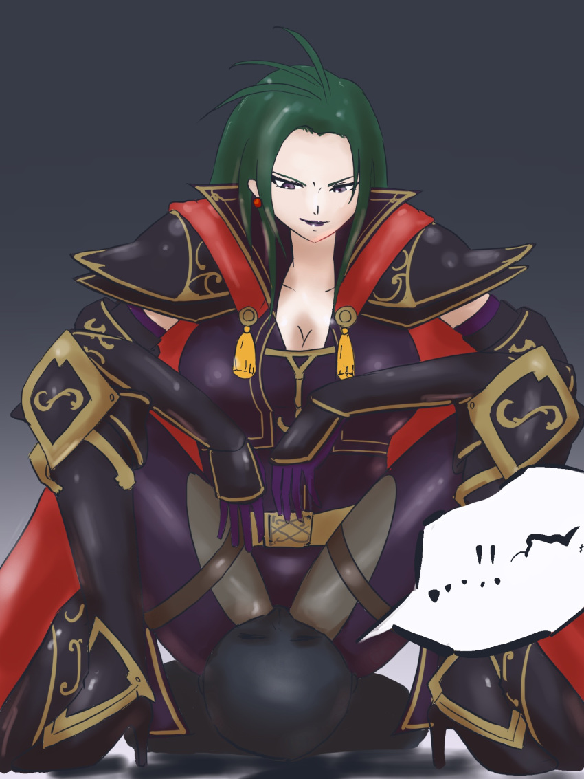 1girls armor big_breasts black_lipstick cleavage evil_grin evil_smile facesitting femdom fire_emblem fire_emblem:_path_of_radiance green_hair high_heels knight large_breasts lips long_hair looking_down nintendo pantyhose petrine_(fire_emblem) power_(artist) purple_eyes smile