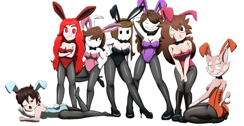 6+girls 7girls alluring arms_behind_head big_breasts blank_background boobs bunny_ears bunnysuit closed_eyes crossed_arms eyelashes female female_only hand_on_head hands_behind_head happylikeawall high_heels jaiden jaiden_animations jaidenanimations kneeling let_me_explain_studios looking_at_viewer moderatelyashamed multiple_girls overly_sarcastic_productions pantslesspajamas pantyhose planet_dolan pose posing rebecca_parham red_(overly_sarcastic_productions) seductive seductive_look seductive_pose seductive_smile shgurr shima_luan simple_background smile standing super_planet_dolan tagme white_background white_skin wink youtube youtuber