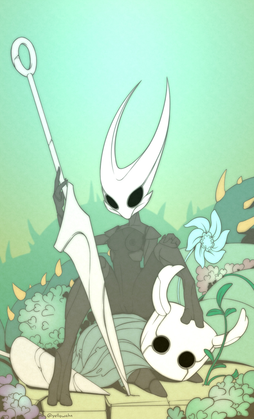 2019 2_toes 3_fingers ambiguous_gender anthro anthro_on_anthro arthropod black_body breasts digital_media_(artwork) fecharis female fingers foot_on_head genitals hi_res holding_object holding_weapon hollow_knight horn hornet_(hollow_knight) insects larger_female nipples nude protagonist_(hollow_knight) pussy siblings sitting size_difference spread_legs spreading team_cherry toes vessel_(species) video_games weapon yellowaht