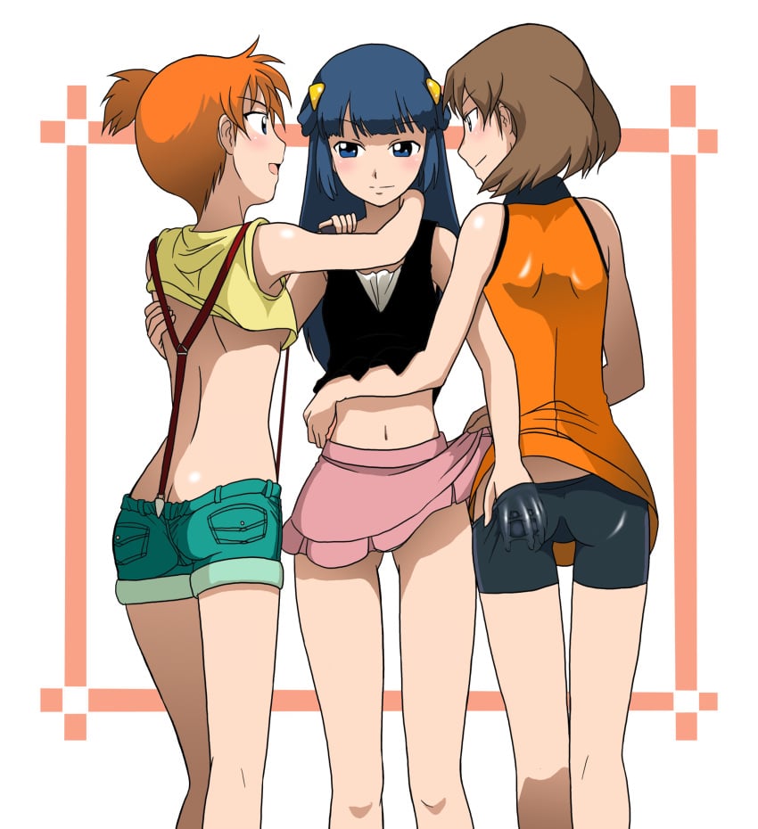 alternate_costume ass ass_cleavage ass_grab bike_shorts blue_eyes blue_hair breasts brown_hair butt_crack clothes dawn_(pokemon) denim denim_shorts female female_only group_sex gym_leader hair hand_under_clothes hands_under_clothes highres human human_only impossible_clothes kakki_(pixiv4742) kakkii kasumi_(pokemon) latex long_hair may_(pokemon) may_(pokemon_emerald) midriff multiple_females navel nintendo no_bandana orange_hair png pokemon pokemon_(anime) ponytail shirt_lift short_hair shorts side_ponytail skirt skirt_lift spandex suspenders thigh_gap thighs threesome tied_hair underboob yuri