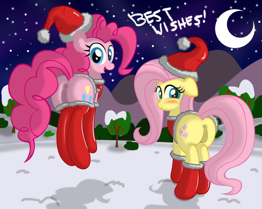 color duo english_text equine female feral fluttershy_(mlp) friendship_is_magic hair hat holidays horse looking_at_viewer moon my_little_pony night outdoors pegasus pinkie_pie_(mlp) pony presenting pussy text wings ziemniax