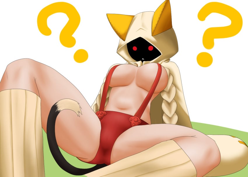 ? animal_ears big_breasts blazblue blonde_hair braid breasts cat_ears cat_tail female footwear hood large_breasts long_hair lying midriff panties pepo pepo_(absolute1123) red_eyes red_panties socks solo suspenders tail taokaka twin_braids underwear