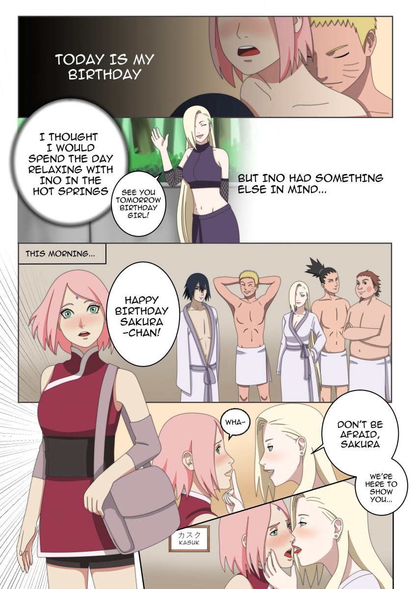 2girls 4boys akimichi_chouji bathrobe before_and_after birthday bisexual bisexual_female clothed clothing comic english_text female human imminent_kiss imminent_sex ino_yamanaka male multiple_boys multiple_girls nara_shikamaru naruto naruto:_the_last naruto_(series) sakura_haruno sasuke_uchiha swingers text towel usagidraws uzumaki_naruto waving