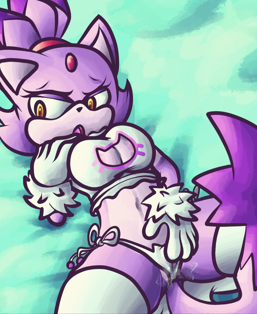 anthro blaze_the_cat breasts cat_ears cat_girl cat_lingerie cat_tail catgirl feline fingering large_breasts lingerie purple_fur qwertyjack sega sonic_(series) sonic_the_hedgehog_(series) wet wet_panties wet_pussy white_fur white_gloves white_legwear white_panties