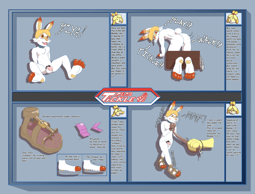 2020 4_fingers 4_toes absurd_res ambiguous_gender animal_crossing anthro ass balls bandage blonde_hair blush bodily_fluids bondage buddy_the_scorbunny canid canine canis chastity_cage chastity_device clothing collar crying dipstick_ears domestic_dog domination doopnoop duo english_text fingers foot_fetish foot_focus fur genitals giggling hair handwear heart hi_res hindpaw isabelle_(animal_crossing) key lagomorph leash male mammal mittens multicolored_ears multiple_images nintendo nude open_mouth orange_body orange_eyes orange_fur paws pink_nose pokémon_(species) pokemon red_body red_fur sandals scorbunny shih_tzu simple_background smile solo_focus stocks story submissive submissive_male tears text tickle_torture tickling toes toy_dog video_games white_body white_fur yellow_body yellow_fur