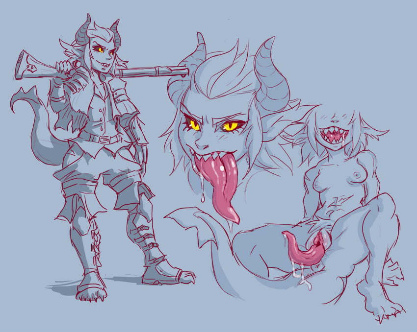 anus arawn_(ungulatr) bodily_fluids female gun hair hi_res horn humanoid humanoid_pointy_ears hybrid long_tongue nipples pubes pussy_with_tongue ranged_weapon saliva sharp_teeth short_hair solo teeth thick_tail tiefling tongue tongue_out ungulatr weapon yellow_eyes