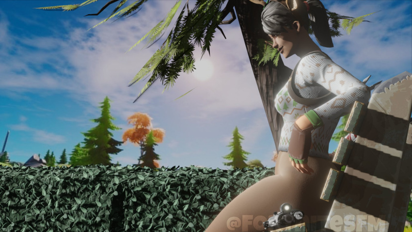 3d antlers bottomless bottomless_female fortnite fortnitesfm gun headband headwear outdoors outside public_nudity ramirez_(fortnite) red_nose red_nosed_raider sitting sitting_on_bench tagme waiting