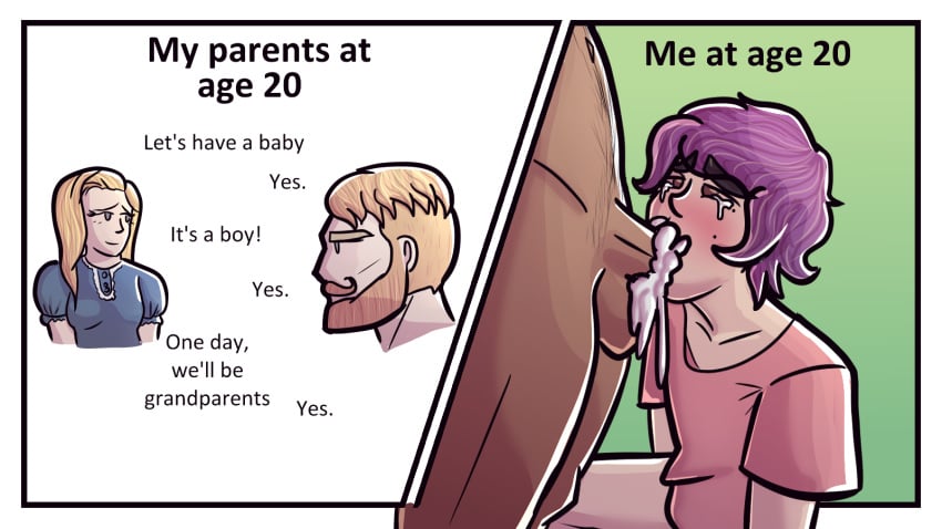 2boys blowjob brown_eyes comic cum dark-skinned_male dark_skin gay interracial meme nordic_chad oral purple_hair spiceyart tagme tradwife wojak_comics yaoi