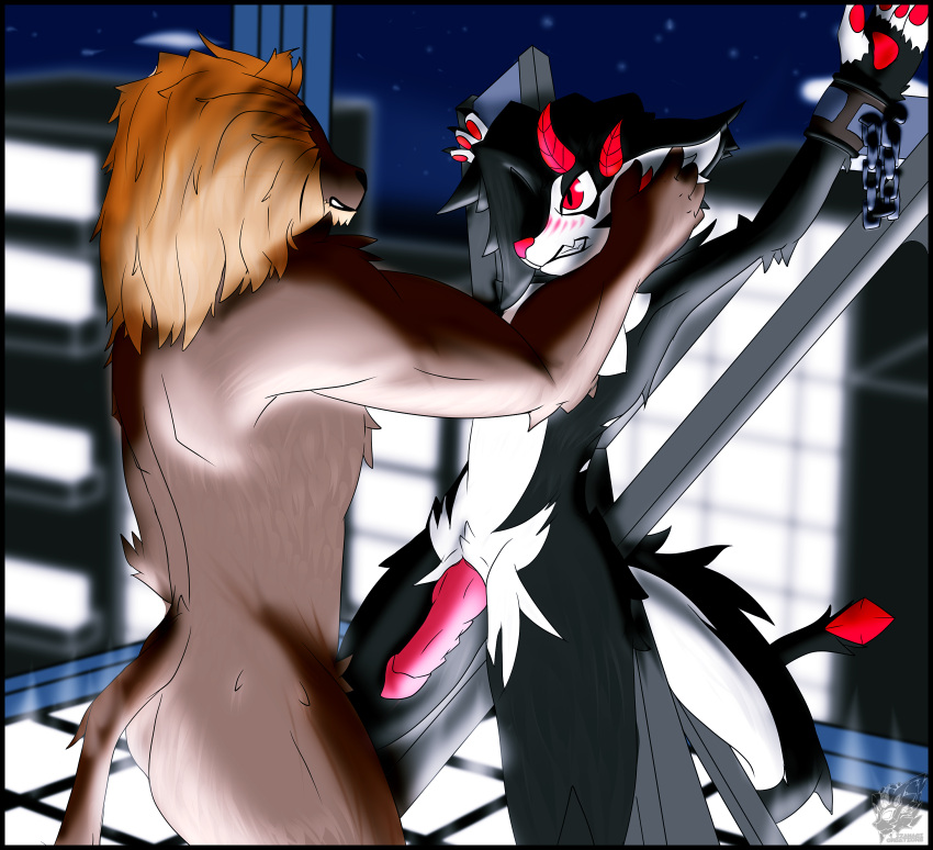 absurd_res angry anthro black_body black_fur blush bondage bondage bound brown_body brown_fur caress cat_dragon city crystal duo felid fur genitals handcuffed handcuffs hi_res horn hybrid inside izanagi_rockman light lion male male/male mammal night pantherine penis red_eyes red_horn ryuzagi shackles white_body white_fur