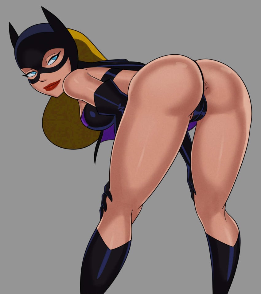 1girls ass batgirl batgirl_(stephanie_brown) batman:_the_animated_series batman_(series) bent_over big_ass blonde_hair blue_eyes breasts cameltoe clothing dc dc_comics dcau edit lipstick looking_at_viewer looking_back partially_visible_anus solo stephanie_brown sunsetriders7 thick_thighs thong