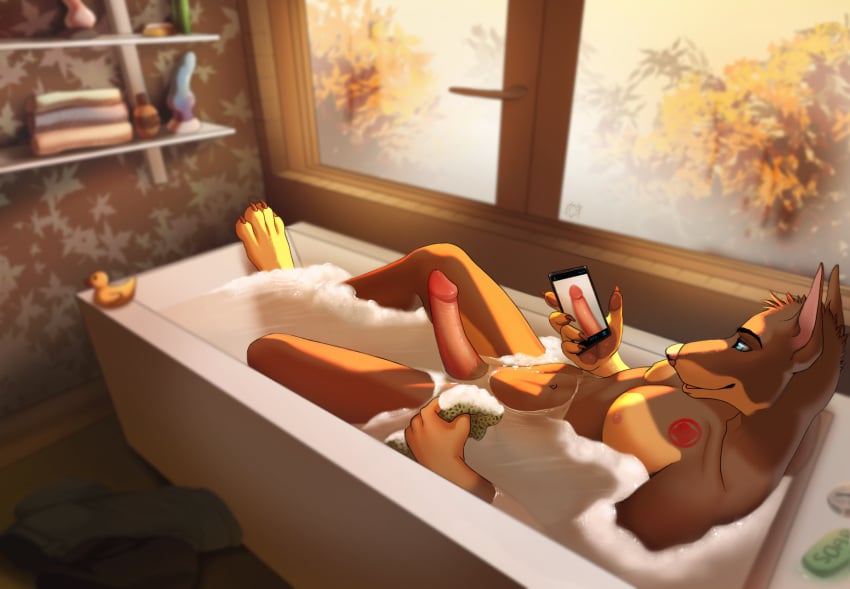 2019 4_toes 5_fingers anthro autumn bath bathing bathroom bathtub brown_body brown_fur canid canine canis cellphone chest_tattoo claws clothing digital_media_(artwork) discarded_clothing dobermann domestic_dog erection fingers fur furry_only genitals hi_res holding_object holding_phone incense-sw inside jamie_(klausd) loofah looking_at_object looking_at_phone male male_only mammal multicolored_body multicolored_fur navel nipples nude partially_submerged pawpads paws pecs penis phone pinscher relaxing rubber_duck shelf smartphone solo taking_picture tattoo toe_claws toes tree two_tone_body two_tone_fur water window