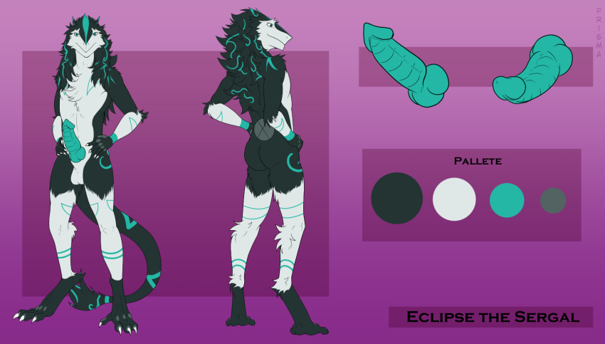 2020 anthro balls claws digital_media_(artwork) english_text erection fur genitals hi_res looking_at_viewer male male_only mammal model_sheet nude penis prismanoodle_(artist) sergal simple_background smile solo standing text white_body