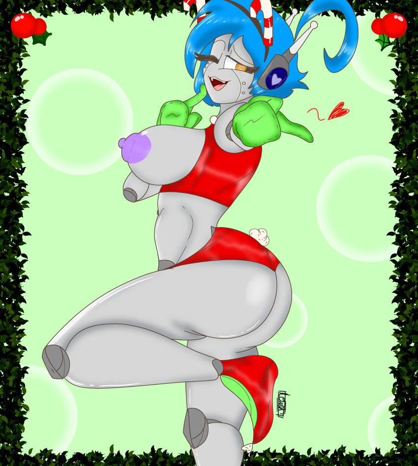 1girls ahoge antennae big_ass big_breasts blue_hair boob_window breasts breasts_out bubble_butt bunnysuit candy_cane christmas_outfit cute_face detailed_background female female_focus female_only gloves green_gloves heart-shaped_pupils highres lewdxt looking_at_viewer looking_back metallic_body open_mouth orange_eyes original_character pointing pointing_at_viewer pointy_shoes puffy_nipples reverse_bunnysuit robot robot_girl robot_humanoid robot_joints short_hair slim_girl thick_thighs winking winking_at_viewer xt459